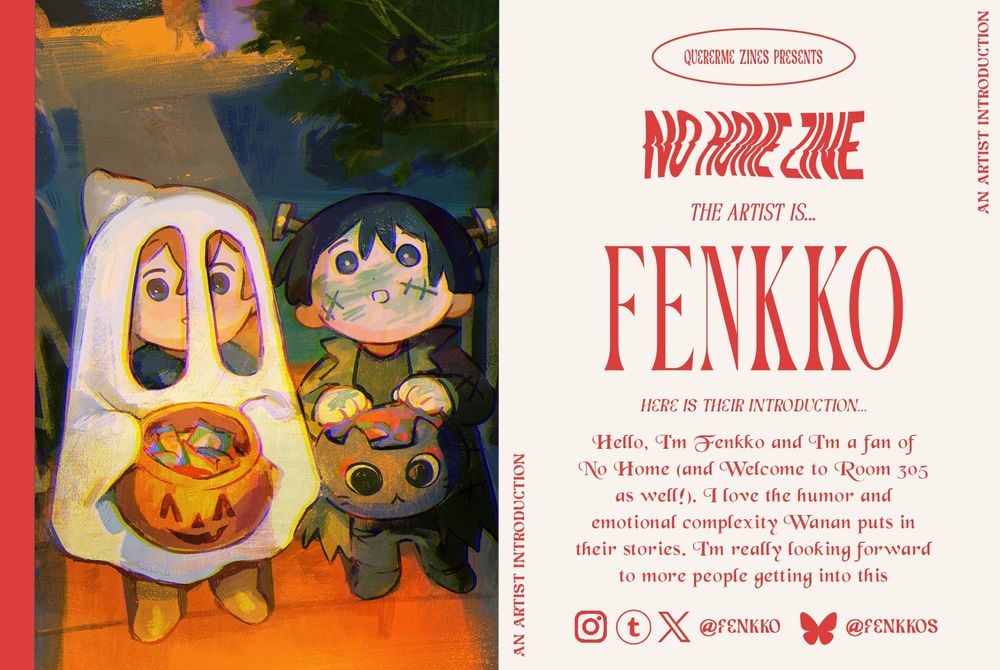 Artist introduction for our No Home themed fanzine. On the left is a work by the artist, and on the right is the artist's information.
