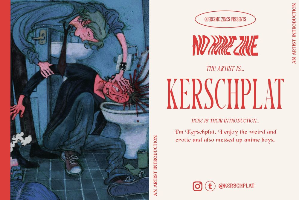 Artist introduction for our No Home themed fanzine. On the left is a work by the artist, and on the right is the artist's information.
