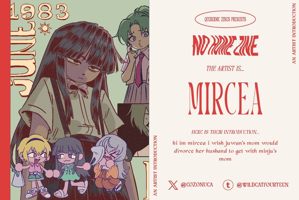 Artist introduction for our No Home themed fanzine. On the left is a work by the artist, and on the right is the artist's information.
