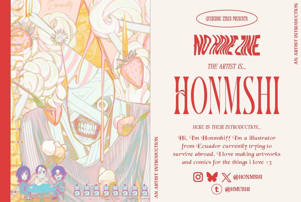 Artist introduction for our No Home themed fanzine. On the left is a work by the artist, and on the right is the artist's information.
