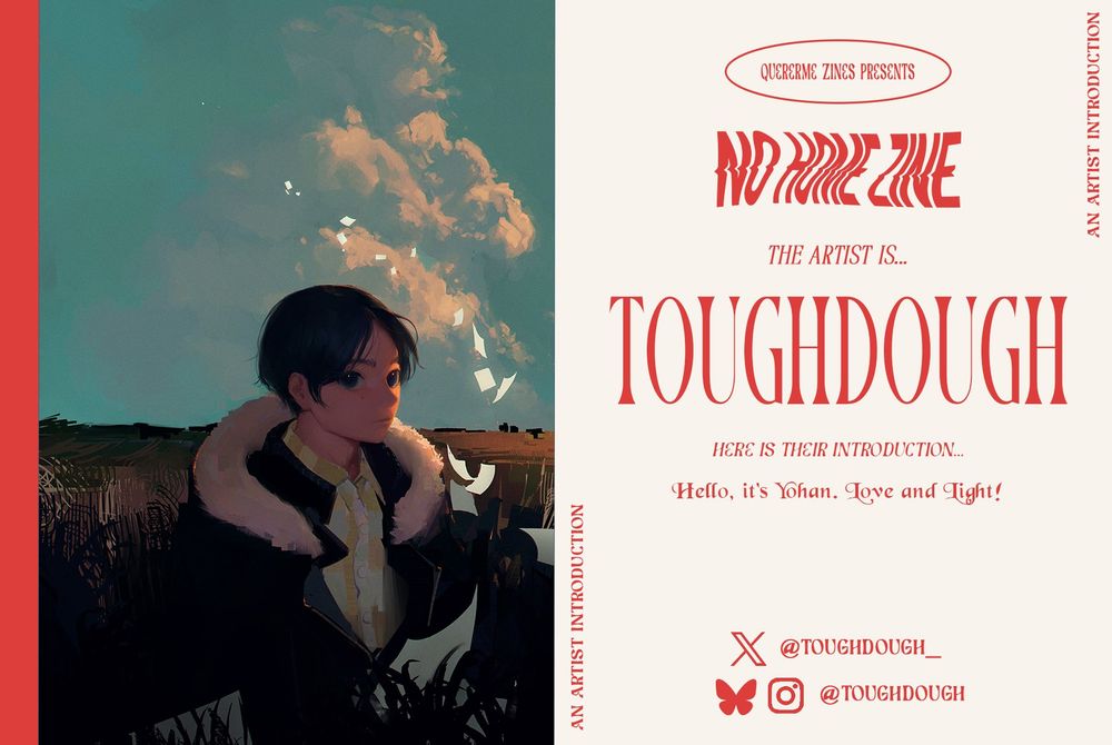 Artist introduction for our No Home themed fanzine. On the left is a work by the artist, and on the right is the artist's information.