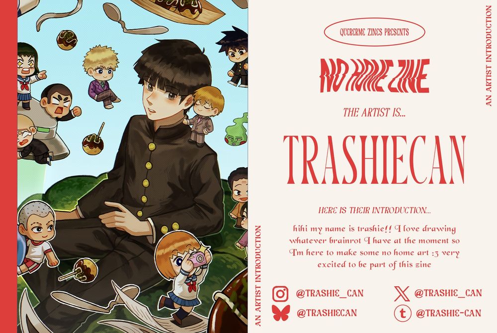 Artist introduction for our No Home themed fanzine. On the left is a work by the artist, and on the right is the artist's information.