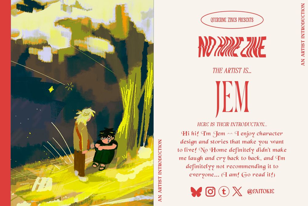 Artist introduction for our No Home themed fanzine. On the left is a work by the artist, and on the right is the artist's information.
