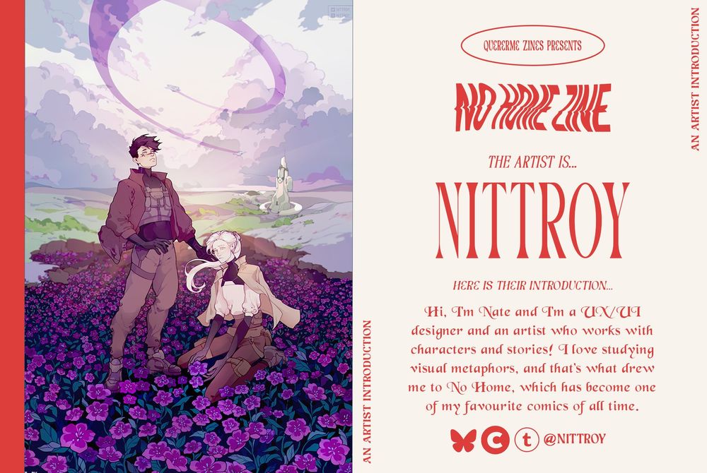 Artist introduction for our No Home themed fanzine. On the left is a work by the artist, and on the right is the artist's information.
