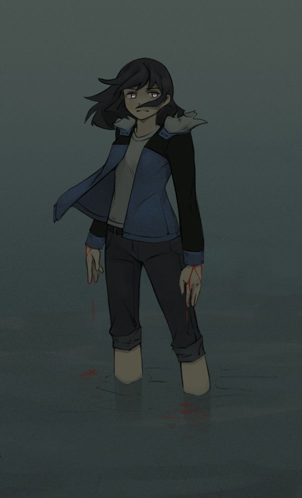 An illustration of a character standing knee deep in water. A heavy fog prohibits vision beyond.