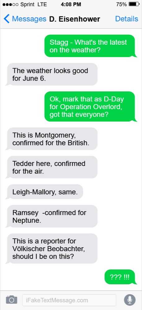 Gekopieerd van Mastodon, screenshot van een chatprogramma met chat tussen Eisenhower en de staf die D-Day plande en een journalist van de Volkischer Beobacher