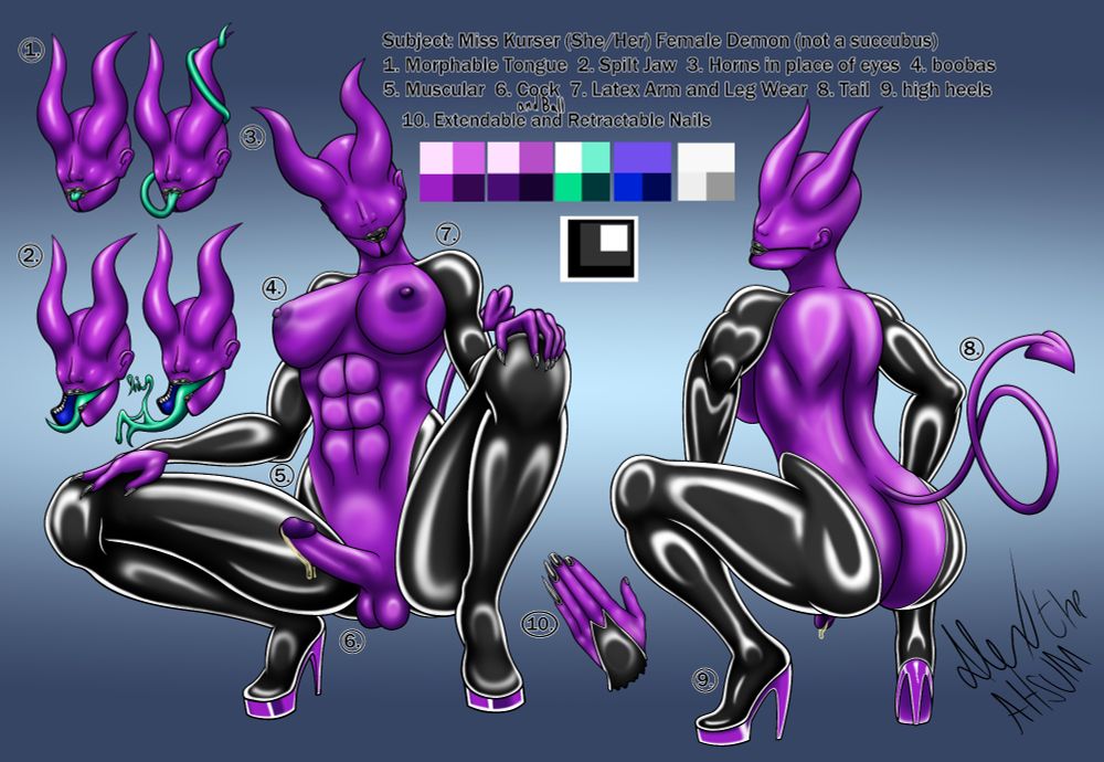 My new OC Miss Kurser She/Her (pronounced like mouse Cursor)

Purple skinned demon with horns growing around her eyes would be, typical demon tail, all round female shaped with what is commonly the male genitalia (Shaft, Tip, and Balls) no Hair, normally long shape nail, (but can extent and shorten her nails) wearing Latex clothing that somewhat resembles a reverse bunny suit without a collar that connects to directly to heels