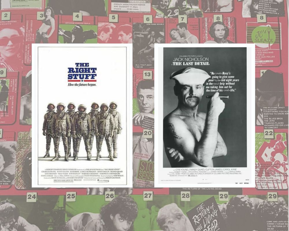 Film posters for The Right Stuff (1983) and The Last Detail (1973) on a background of a Scala Cinema programme.