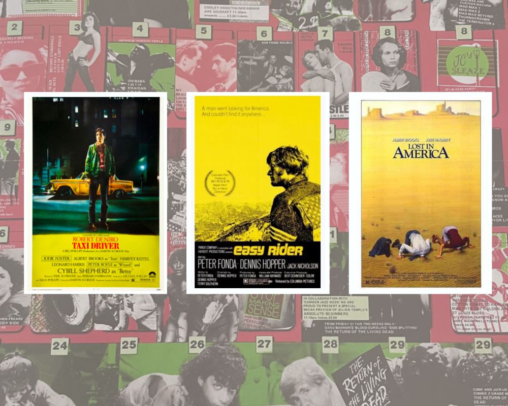 Film posters for Taxi Driver (1976), Easy Rider (1968) and Lost In America (1985) on a background of a Scala Cinema programme.