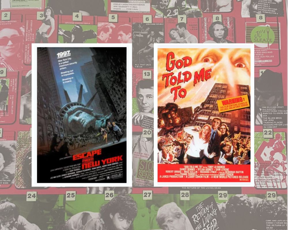 Film posters for Escape From New York (1981) and God Told Me To aka Demon (1976) on a background of a Scala Cinema programme.