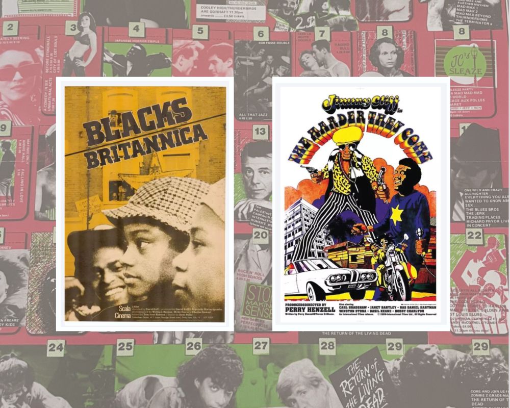 Film posters for Blacks Britannica (1978) and The Harder They Come (1972) on a background of a Scala Cinema programme.
