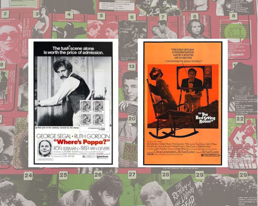 Film posters for Where’s Poppa? (1970) and The Bed Sitting Room (1969) on a background of a Scala Cinema programme.