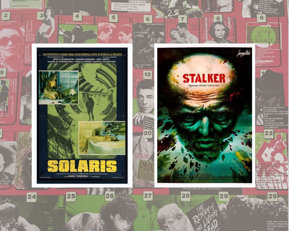 Film posters for Solaris (1972) and Stalker (1979) on a background of a Scala Cinema programme.