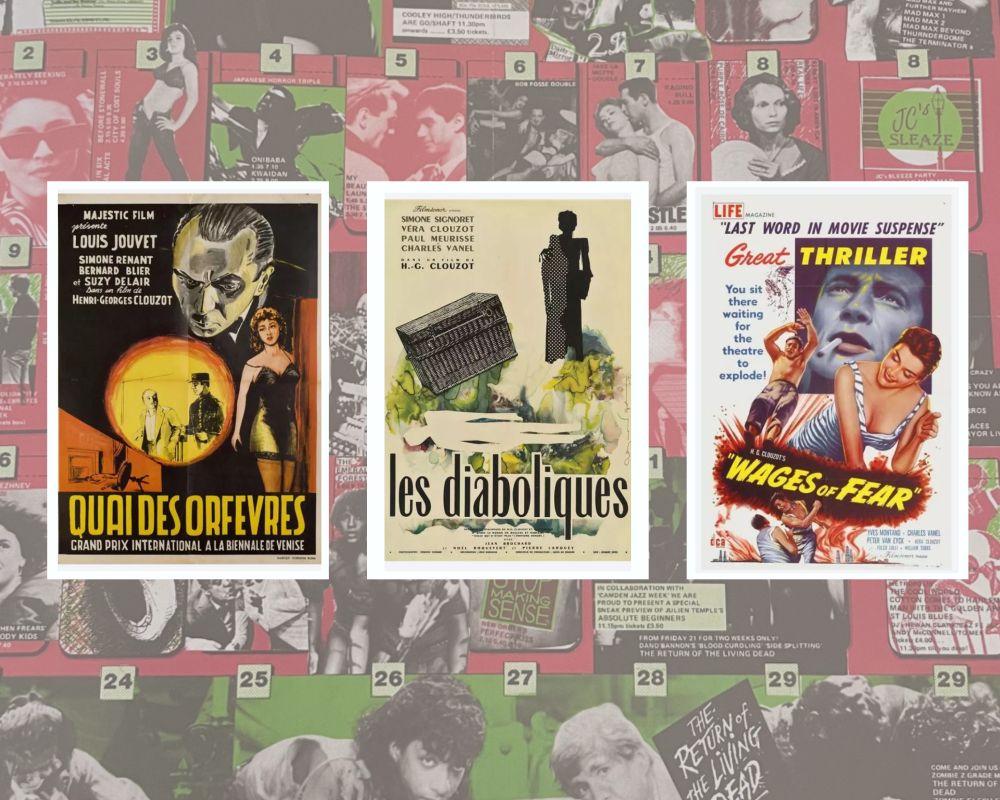 Film posters for Quai des Orfèvres (1947), Les Diaboliques (1955) and The Wages of Fear (1953) on a background of a Scala Cinema programme.