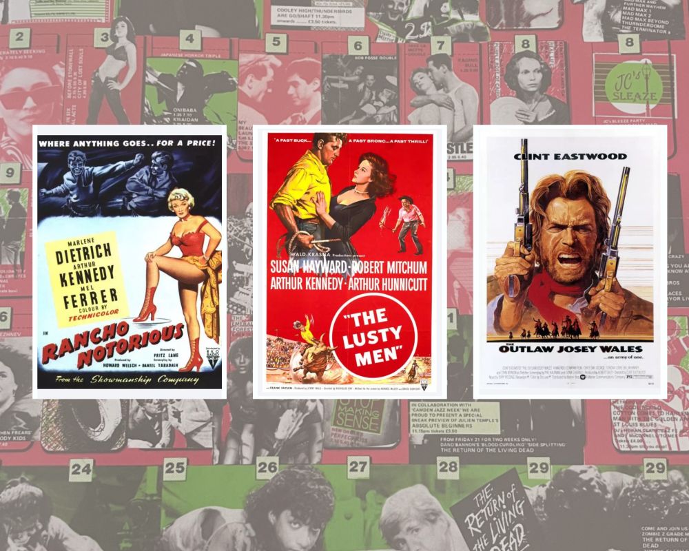Film posters for Rancho Notorious (1952), The Lusty Men (1952) and The Outlaw Josey Wales (1976) on a background of a Scala Cinema programme.