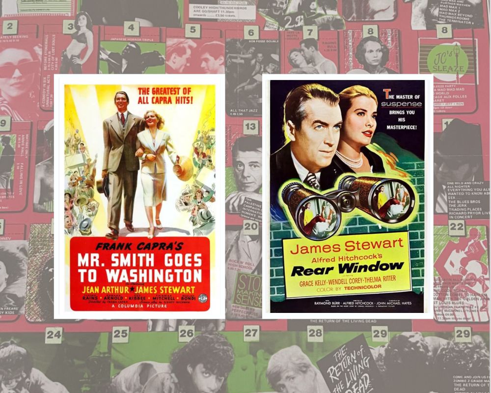 Film posters for Mr. Smith Goes To Washington (1939) and Rear Window (1954) on a background of a Scala Cinema programme.