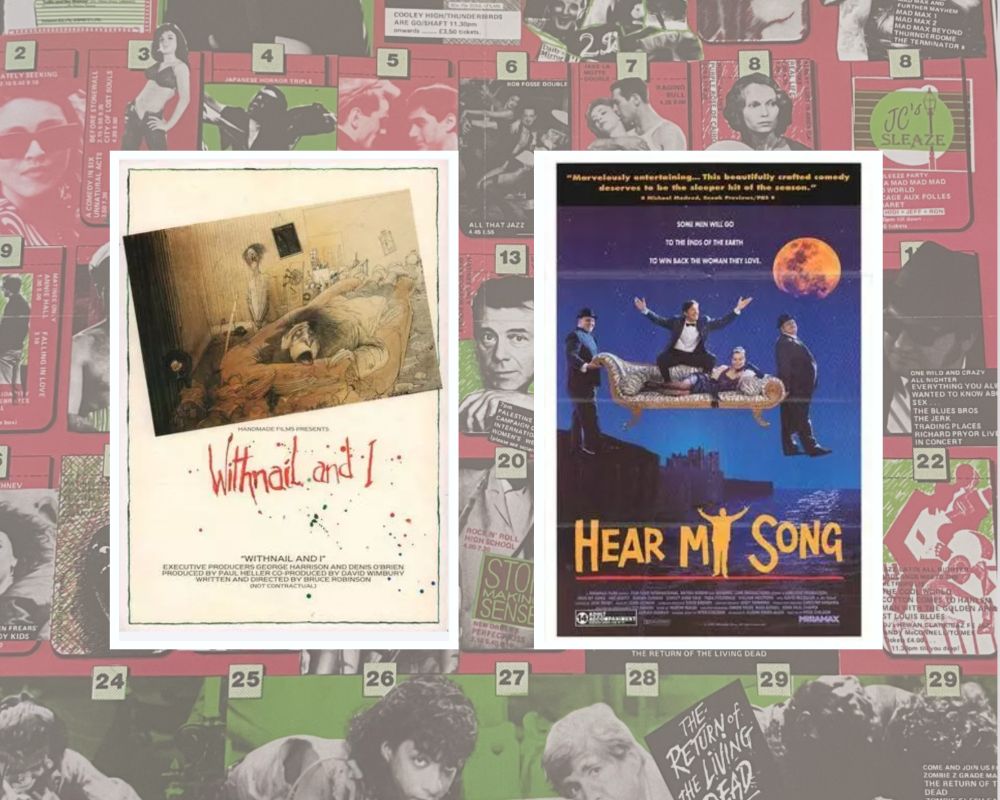 Film posters for Withnail And I (1987) and Hear My Song (1991) on a background of a Scala Cinema programme.