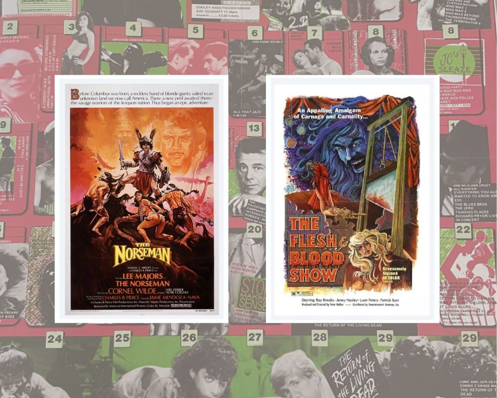 Film posters for The Norseman (1978) and The Flesh And Blood Show (1972) on a background of a Scala Cinema programme.