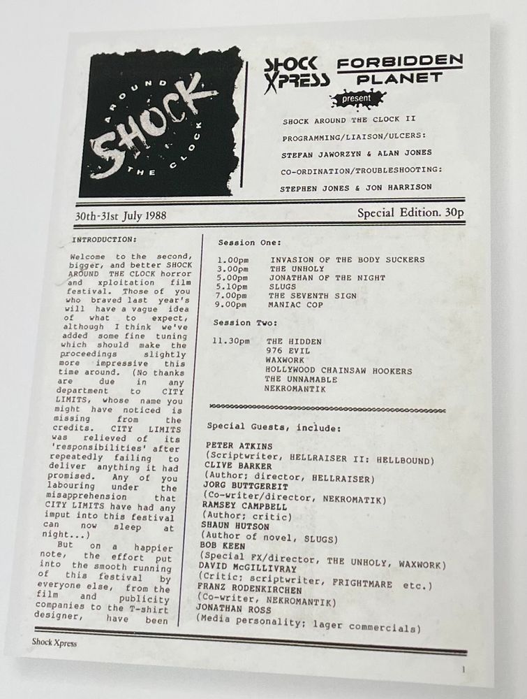 Image of a newsletter from Shock Around The Clock in 1988 showing film times and guests appearing.
