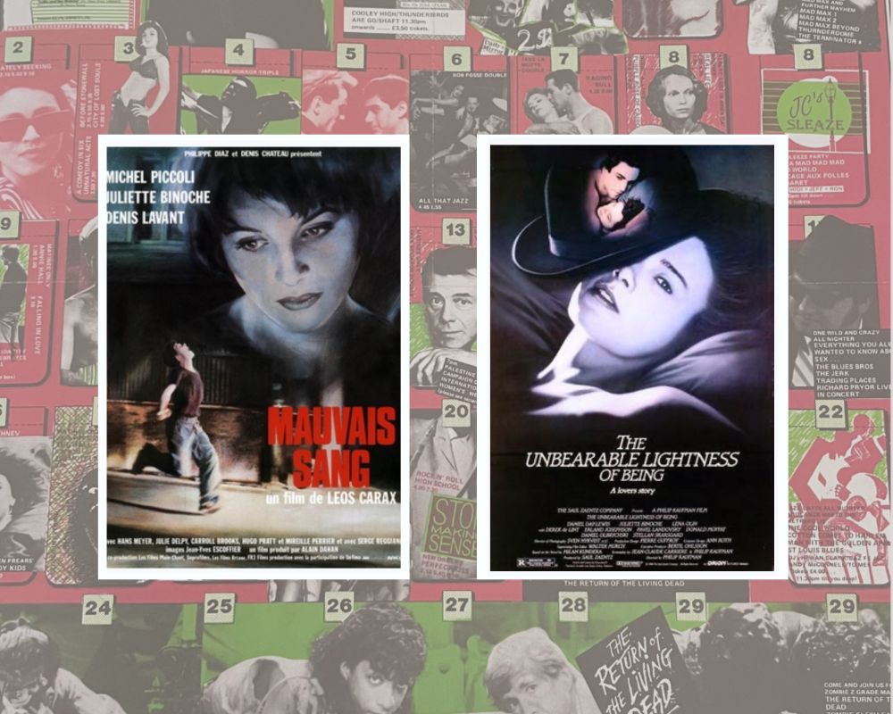 Film posters for Mauvais Sang aka The Night Is Young (1986) and The Unbearable Lightness Of Being (1988) on a background of a Scala Cinema background.