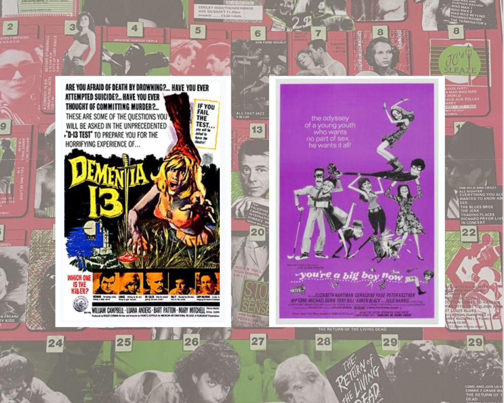 Film posters for Dementia 13 (1963) and You’re A Big Boy Now (1966) on a background of a Scala Cinema programme.