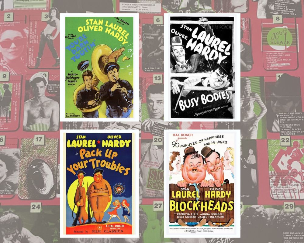 Film posters for You’re Darn Tootin’ (1928), Busy Bodies (1933), Pack Up Your Troubles (1932) and Block-Heads (1938) on a background of a Scala Cinema programme.