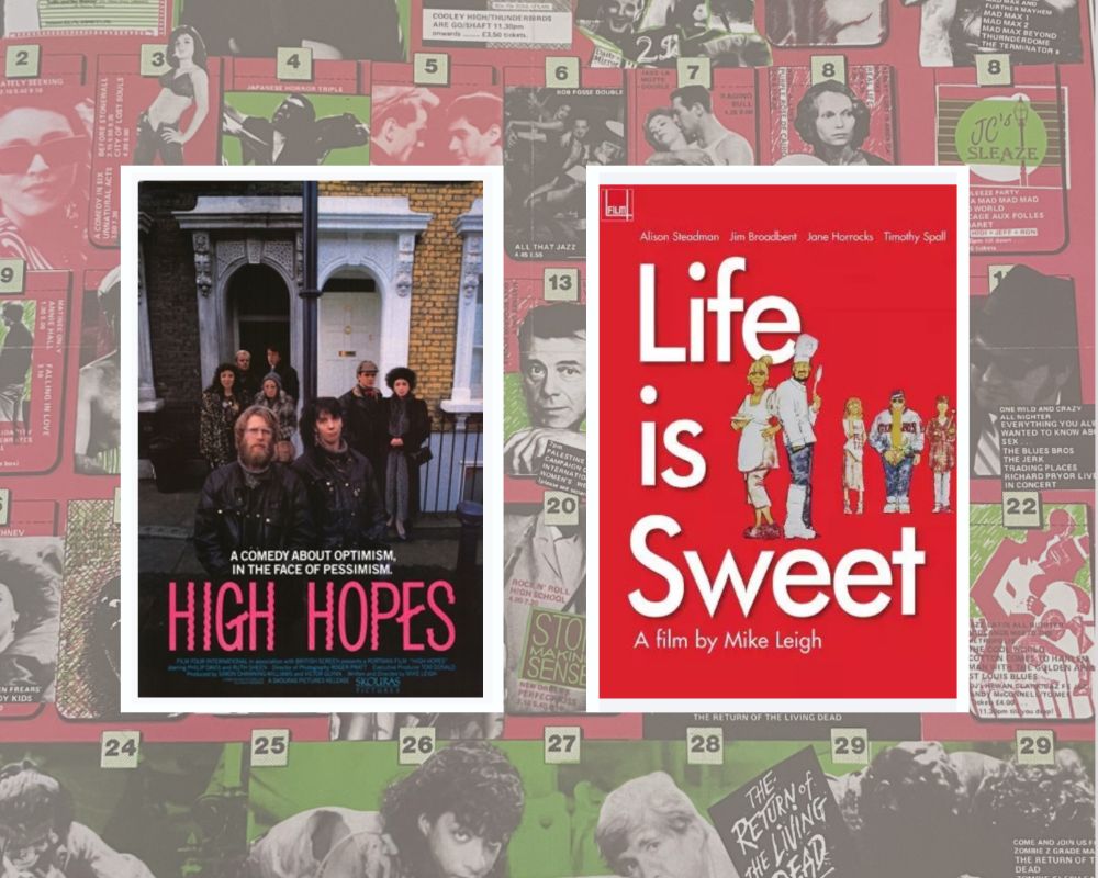 Film posters for High Hopes (1988) and Life Is Sweet (1990) on a background of a Scala Cinema programme.