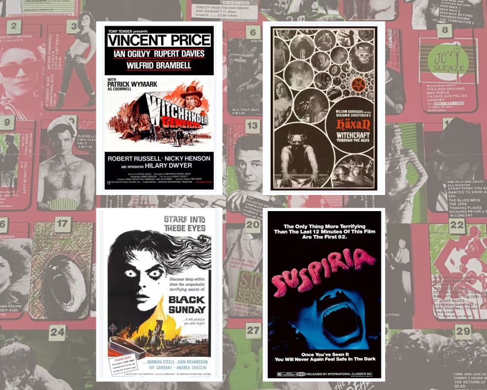 Film posters for Witchfinder General (1968), Häxan aka Witchcraft Through The Ages (1922), Black Sunday (1960) and Suspiria (1977) on a background of a Scala Cinema programme.
