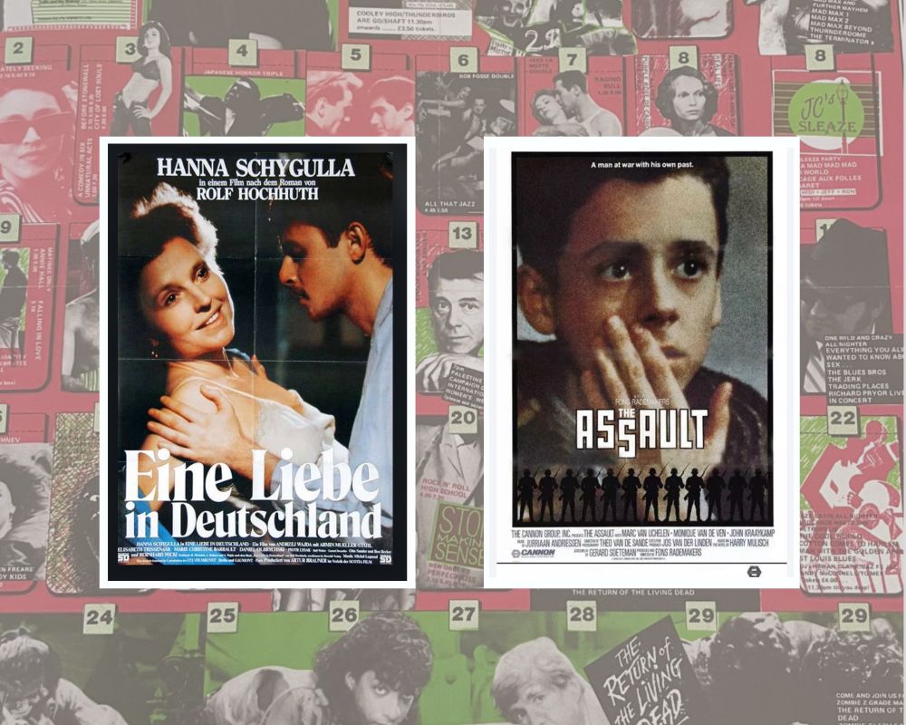 Film posters for A Love In Germany (1983) and The Assault (1986) on a background of a Scala Cinema programme.