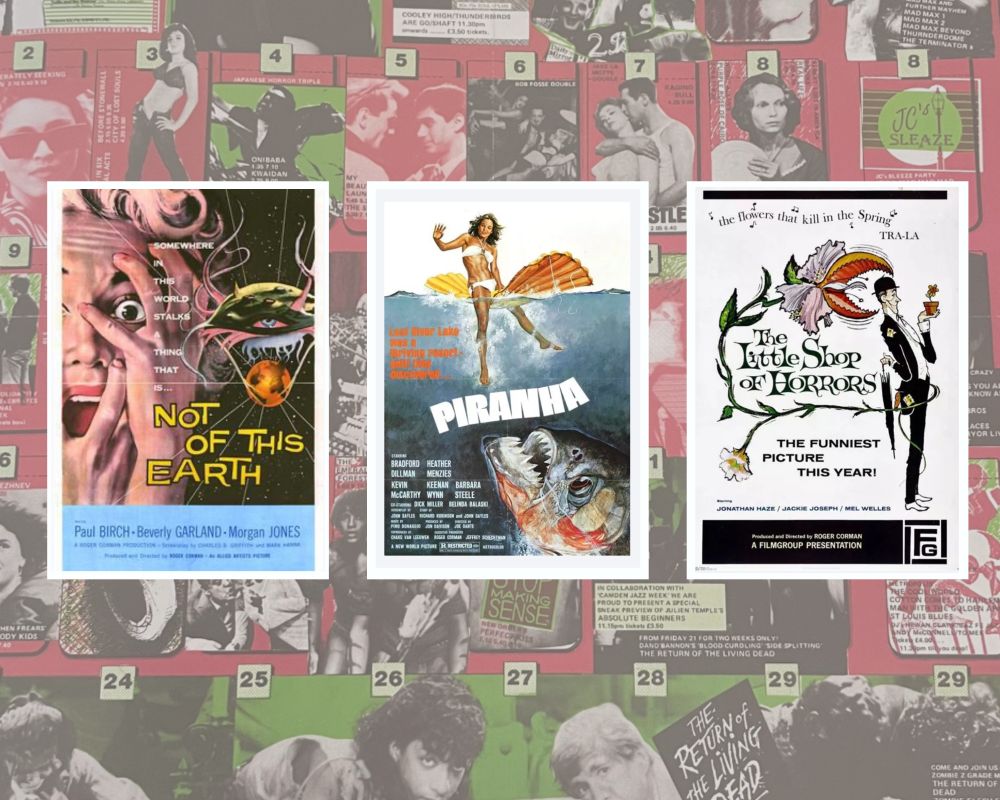 Film posters for Not Of This Earth (1957), Piranha (1978) and The Little Shop Of Horrors (1960) on a background of Scala Cinema programme.
