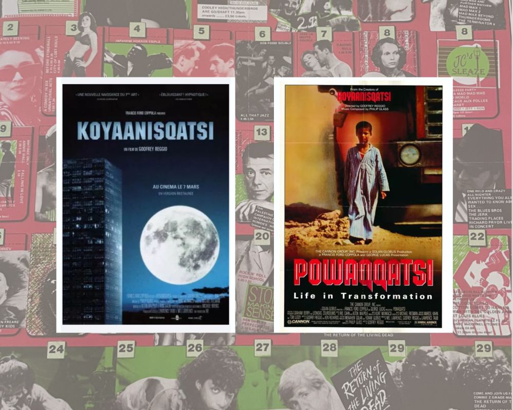Film posters for Koyaanisqatsi and Powaqqatsi on a background of a Scala Cinema programme.