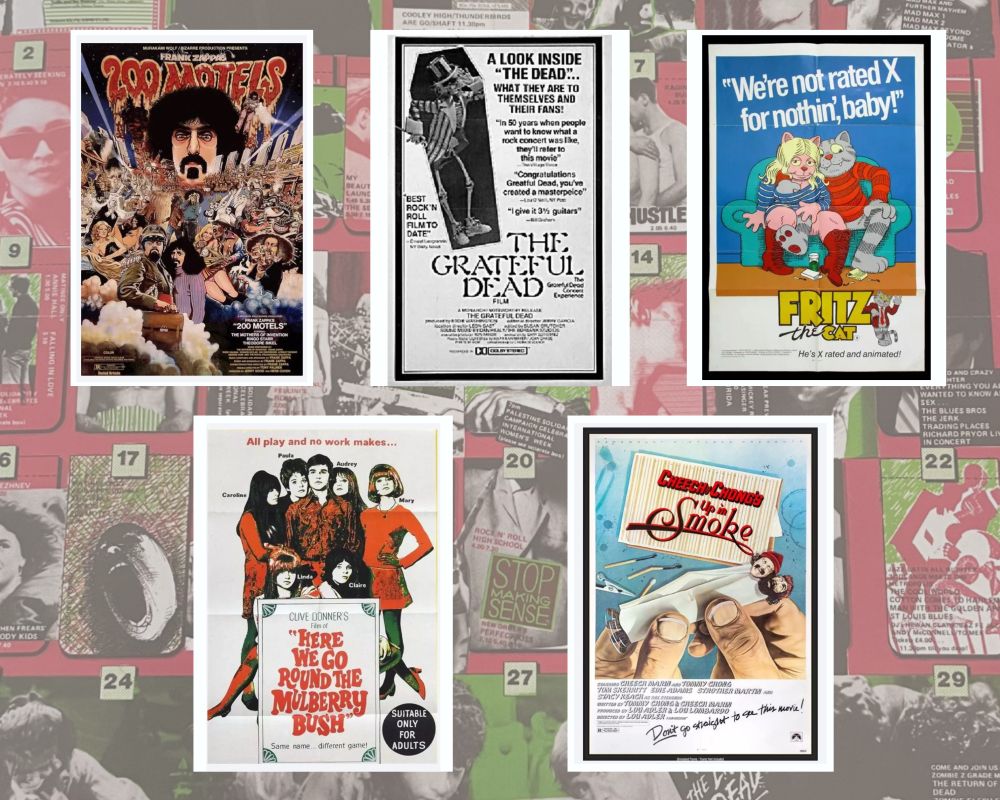 Film posters for 200 Motels (1971), The Grateful Dead Movie (1977), Fritz The Cat (1972), Here We Go Round The Mulberry Bush (1968) and Up In Smoke (1978) on a background of Scala Cinema programme.