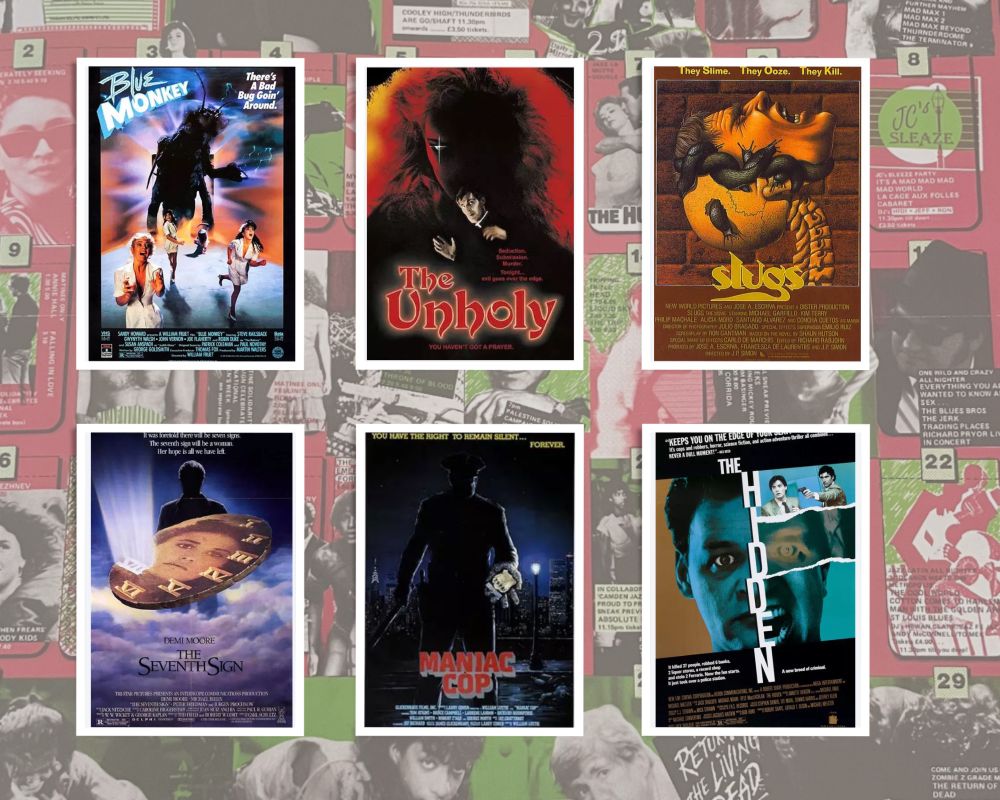 Film posters for Blue Monkey (1987), The Unholy (1988), Slugs (1988), The Seventh Sign (1988), Maniac Cop (1988) and The Hidden (1987) on a background of a Scala Cinema programme.