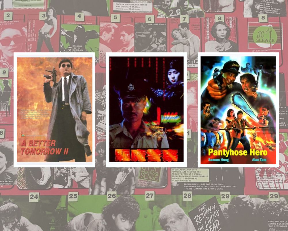Film posters for A Better Tomorrow II (1987), Magic Cop (1990) and Pantyhose Hero (1990) on a background of a Scala Cinema programme.