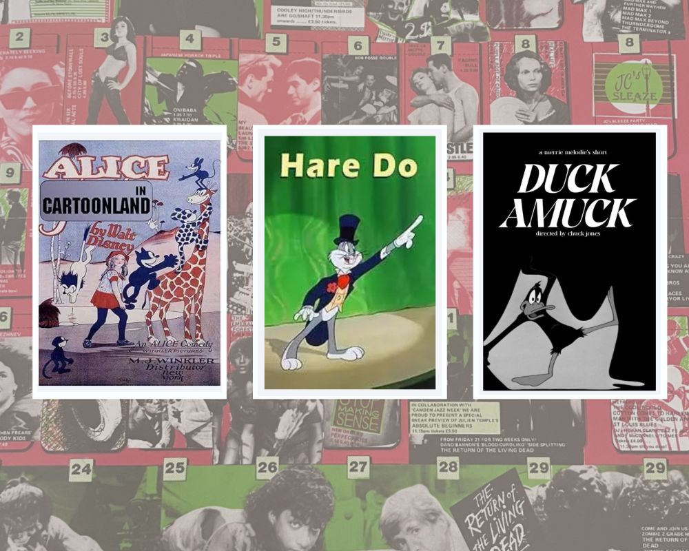 Film posters/images for Alice In Cartoonland (1925), Hare Do (1949) and Duck Amuck (1953) on a background of a Scala Cinema programme 