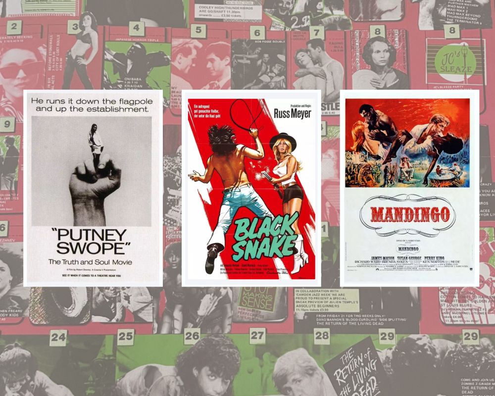 Film posters for Putney Swope (1969), Black Snake (1973) and Mandingo (1975) on a background of a Scala Cinema programme.