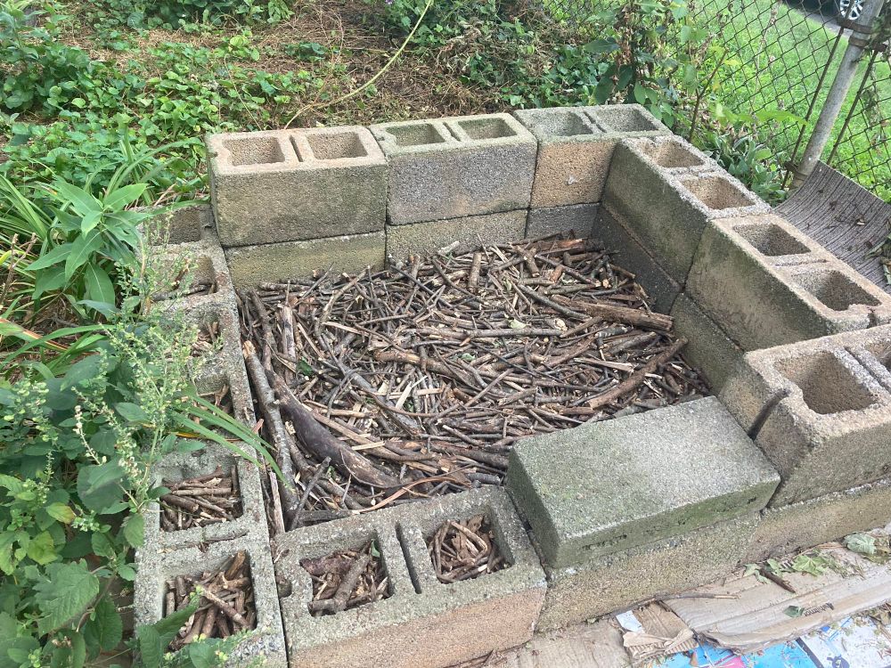 A raised bed garden plot made from two levels of cinder blocks. The interior of the bed is filled with sticks and other pieces of wood that I collect from the yard and use in the Franklin stove. I have way too much, though, and am putting it in there to dispose of it. My hope is that the wood will help keep weeds at bay (along with the cardboard) and decay over time, leaving a deep, rich soil filling this bed.
