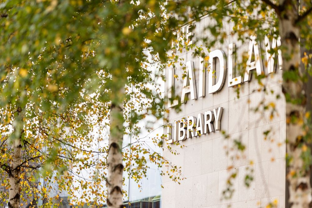 The Laidlaw Library sign on the side of the library building