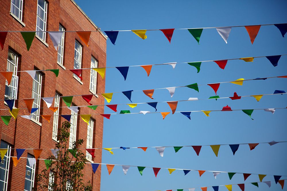 Bunting flutter in the breeze on the University of Leeds campus