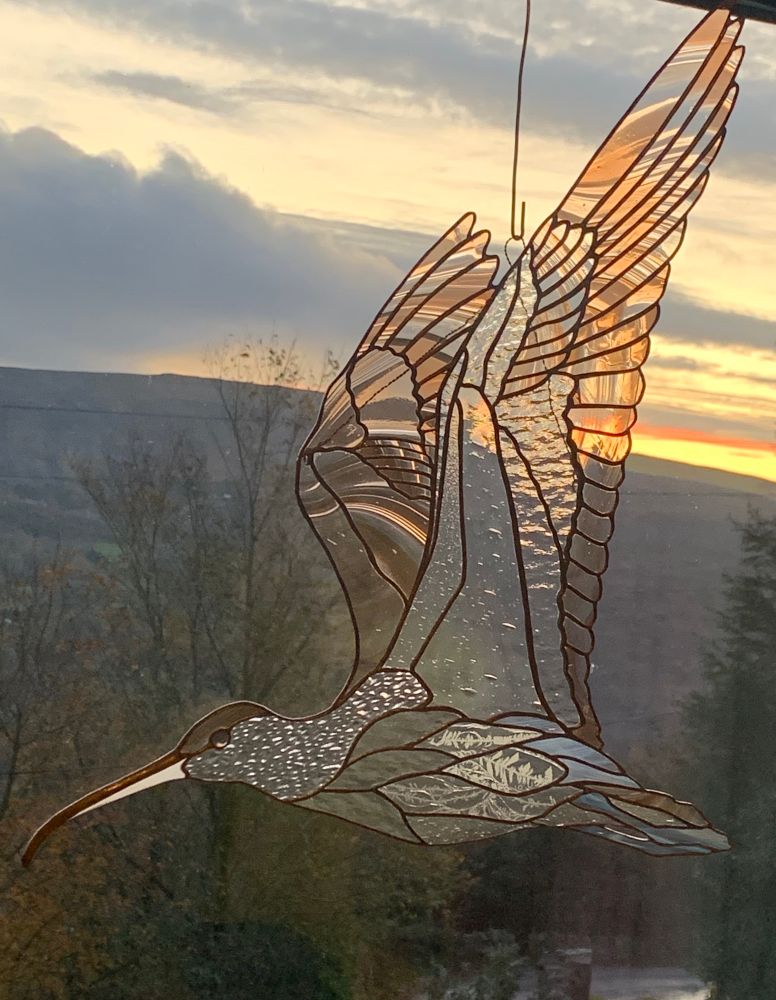 “Critically Endangered” Slender-billed Curlew, imagined in transparent and translucent textured stained glass