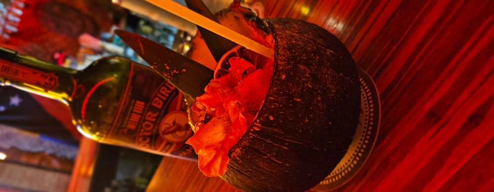 A picture of a drink, send in a coconut shell with pretty orchid on top. 
