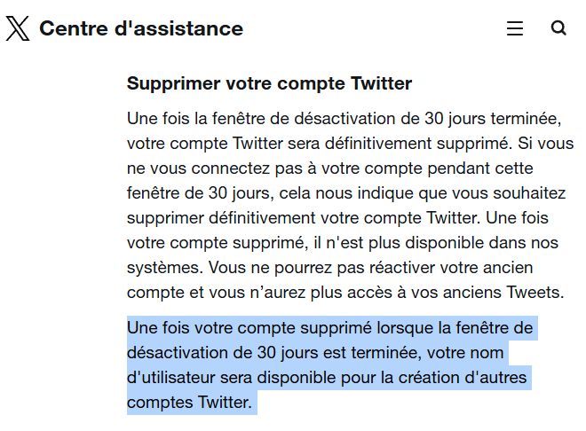 Sur X, le nom d'utilisateur d'un compte supprimé est disponible pour la création d'autres comptes après seulement 30 jours.