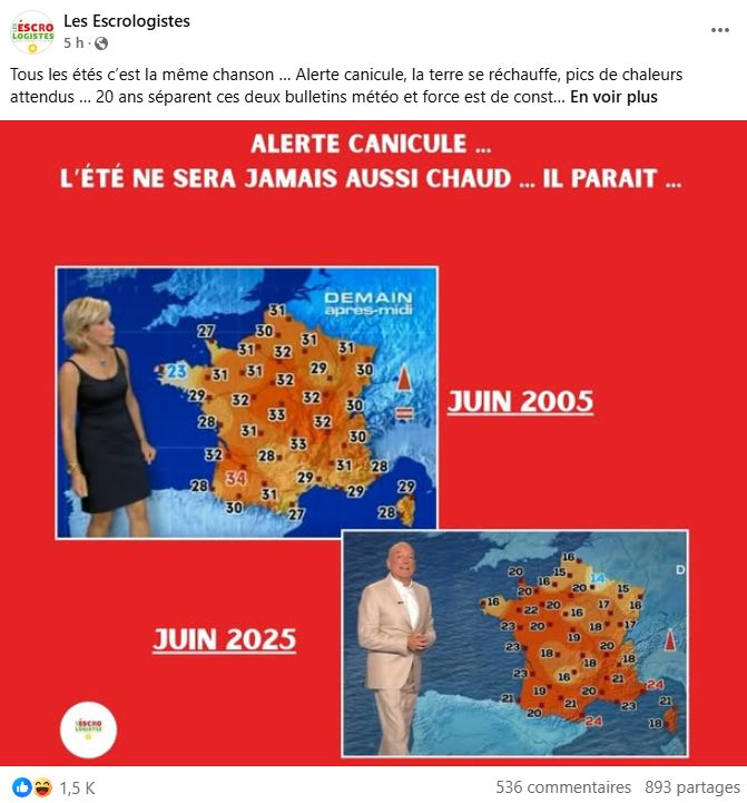 Un comparatif entre deux cartes météo de juin 2005 et juin 2025 prétend montrer de très fortes différences de température