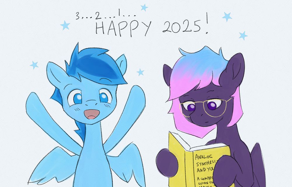 Happy looks excitedly at the camera, arms raised, whilst Star Sapphire is absorbed in a book with 'Analog Synthesizers and You: A Comprehensive Guide...' on the cover. Text above reads '3...2...1...Happy 2025!'