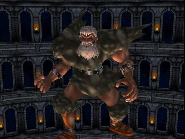 A 3D model of the Yu-Gi-Oh monster Kaminari Attack from Duelists of the Roses, a tanned muscular man with a white beard and clothing that is probably meant to be clouds but due to software limitations looks like smelly rags