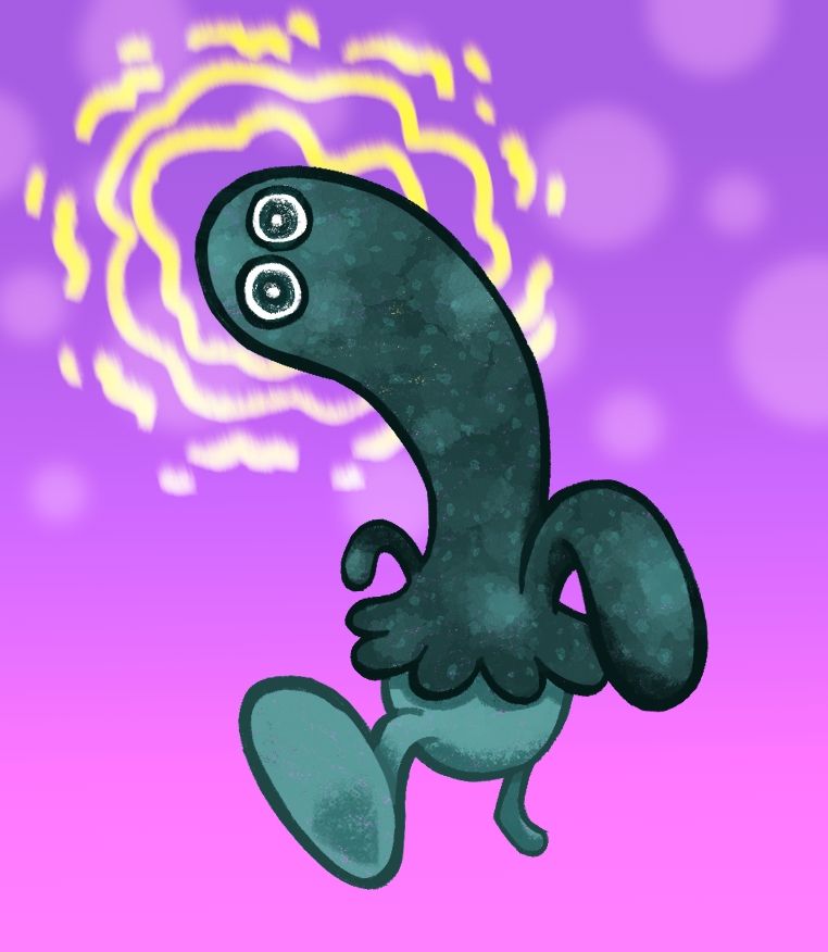 A mushroom creature with strange eyes is walking towards the viewer. A yellow psychic aura emanates from their head.