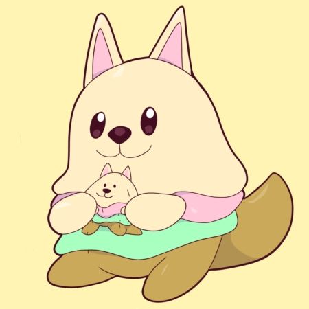 Scoopy, an ice cream dog is sitting and holding a mini-Scoopy plush. The art was made by Ally T.
