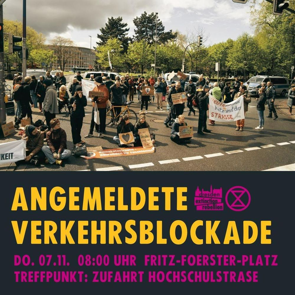 Menschen stehen und sitzen auf der Straße. Sie halten Banner und Schilder für mehr Klimaschutz.