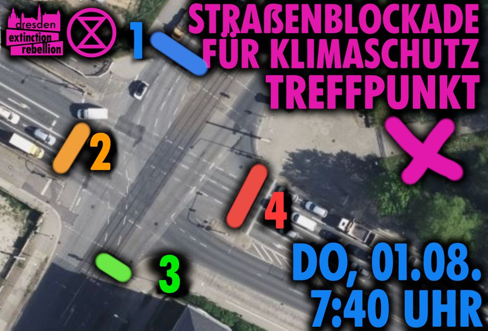 Ein Luftbild der Kreuzung Stauffenbergallee Ecke Königsbrücker in Dresden. Darauf Linien, wo der Individualverkehr blockiert werden soll. Datum der Aktion: 01.08. um 7:40 Uhr früh.