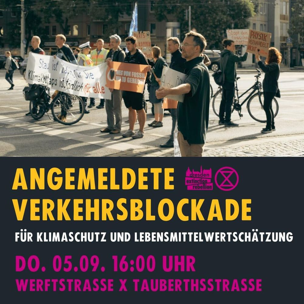 Angemeldete Verkehrsblockade: 05.09.2024: Am 05.09. werden wir legal die Washingtonstraße blockieren: für Klimaschutz und Lebensmittelwertschätzung. Treffpunkt ist 16 Uhr an der Werftstraße Ecke Tauberthstraße.